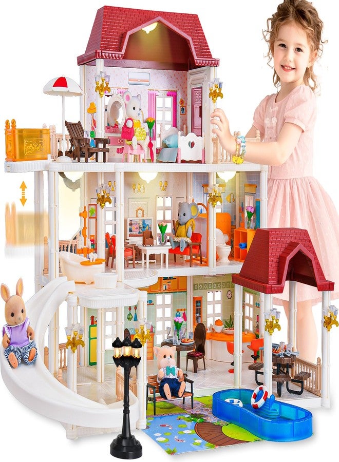 TUZT Doll House with 45 Pcs Furniture and Accessories, 3-Story with 4 Animal Dolls, Food Cooking Set, Warm Lights, Pool Slide and Movable Elevator, Pretend Play Dream Dollhouse for Girls 3+ - Image 1